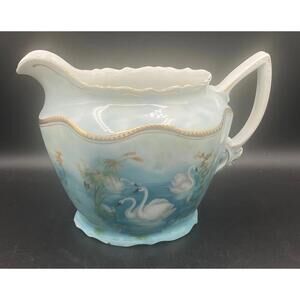 338 - Antique Porcelain Swan Pitcher – Hand Painted Blue & White with Gold Trim